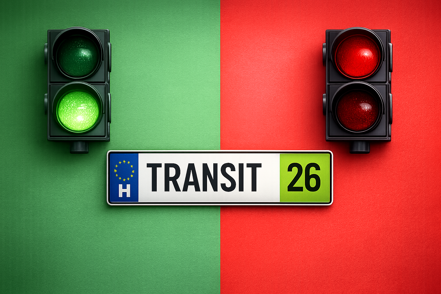 Infografika: tablice tranzytowe – co można, a czego nie; przejazd po UE (zielone) i zakazy (czerwone) z tablicą TRANSIT 26